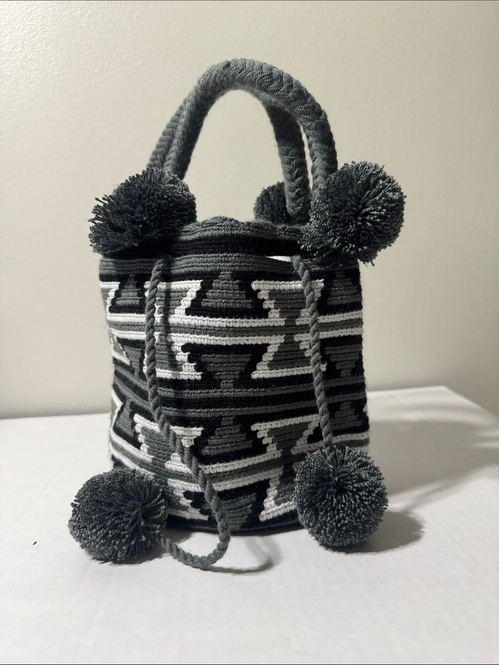Wayuu Handwoven Black & White Pom-Pom Bucket Bag